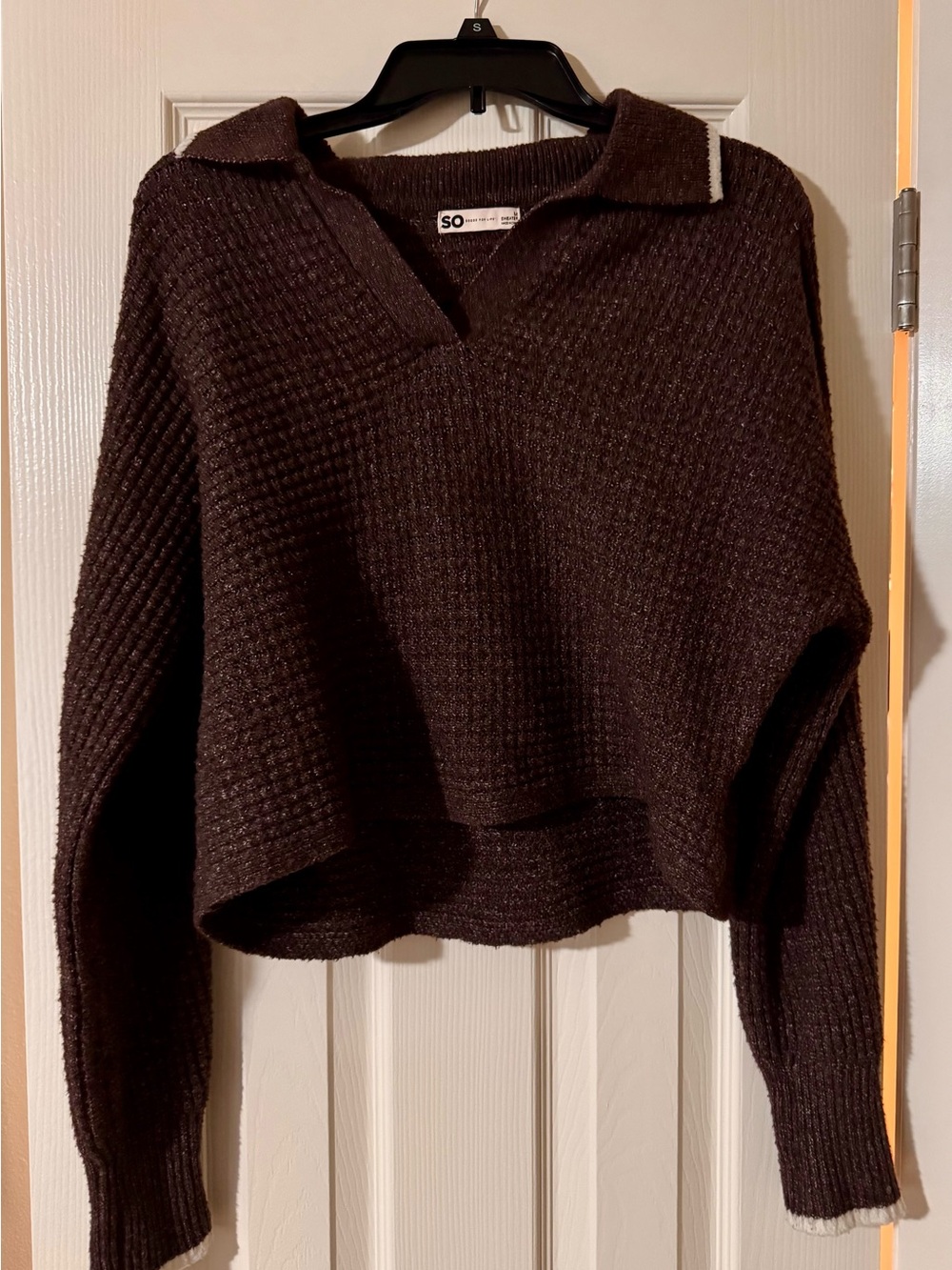 SO Dark Brown Cropped V-Neck Collared Knit Sweater